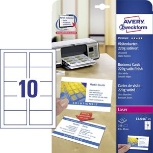 Avery Zweckform C32016-25 Printbare visitkort, glatte kanter 85 x 54 mm Hvid 250 stk Papirformat: DIN A4