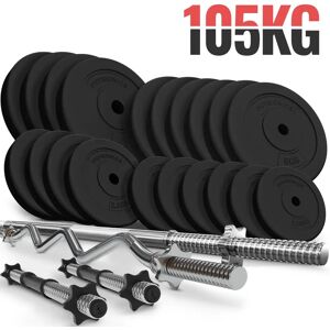 FF Europe Håndvægtesæt - 105 Kg Sæt, Vægtstang (165 Cm, 30 Mm, Stjernelåse), 2 Håndvægte (45 Cm, Justerbar), Med Sz Curl Bar, Vægte