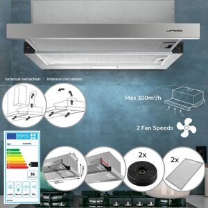 FF Europe Emhætte - 60cm, Udsugnings-/recirkulationsluft, Med 2 Aktivkulfiltre, 300 M³/h, 2 Ventilatorniveauer, Ventileret Ovenfra, Rustfrit Stål