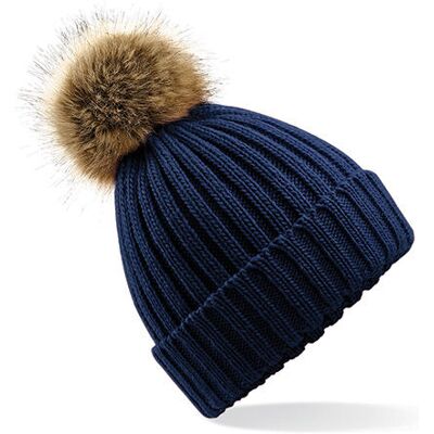 Beechfield Cb412, Huer Faux Fur Pop Pom Chunky Beanie - Navy - One Size Beechfield Cb412, Huer Faux Fur Pop Pom Chunky Beanie - Navy - One Size