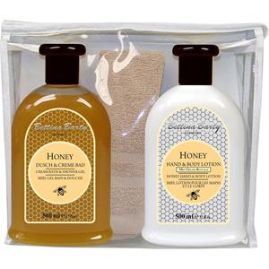 Bettina Barty Hudpleje Honey Gavesæt Dusch & Creme Bad 500 ml + Hand & Body Lotion 500 ml + Håndklæde