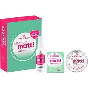 Essence Ansigtsmakeup Powder Gavesæt All About Matt! Fixing Compact Powder 8 g + Instant MATT Make-Up Setting Spray 50 ml + 50x All About Matt! Oil Control Paper