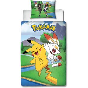 Licens Pokemon sengetøj - 140x200 cm - Scorbunny, Hau, Pikachu og Ash - 2 i 1 sengesæt - Dynebetræk i 100% bomuld