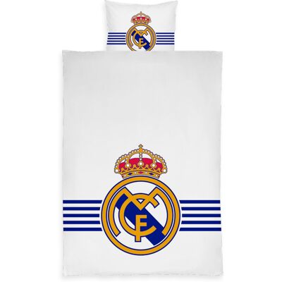 Licens Real Madrid sengetøj - 150x210 cm - Hvidt vendbart sengesæt med logo - 100% bomulds sengelinned - Fodbold sengetøj Licens Real Madrid sengetøj - 150x210 cm - Hvidt vendbart sengesæt med logo - 100% bomulds sengelinned - Fodbold sengetøj