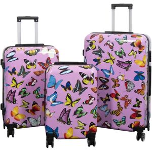 Borg Living Kuffertsæt - 3 Stk. - Kuffert med motiv - Pink med sommerfugle print- Hardcase letvægt kuffert med 4 hjul