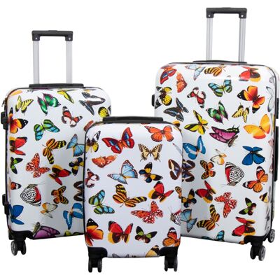 Borg Living Kuffertsæt - 3 Stk. - Kuffert med motiv - Hvid med sommerfugle print - Hardcase letvægt kuffert med 4 hjul Borg Living Kuffertsæt - 3 Stk. - Kuffert med motiv - Hvid med sommerfugle print - Hardcase letvægt kuffert med 4 hjul