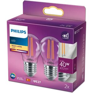 PHILIPS LED Classic Krone Filament, 40W, E27, varm hvid, klar ikke dæmpbar, 2-pak BOX