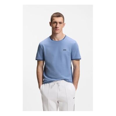 Bosstil Mænd. 50521245 T-Shirt I Stretchbomuld Med Striber Og Blåt Logo (L), Casual, Korte Ærmer Bosstil Mænd. 50521245 T-Shirt I Stretchbomuld Med Striber Og Blåt Logo (L), Casual, Korte Ærmer