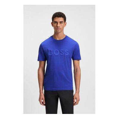 Bosstil Mænd. 50548411 Strikket T-Shirt I Bomuld Med 3d-Logo I Blå (S), Casual, Korte Ærmer Bosstil Mænd. 50548411 Strikket T-Shirt I Bomuld Med 3d-Logo I Blå (S), Casual, Korte Ærmer