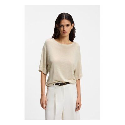 Bosstil Kvinder. 50556387 T-Shirt I Hør Med Broderet Logo I Beige (Xs), Casual, Linned, Korte Ærmer Bosstil Kvinder. 50556387 T-Shirt I Hør Med Broderet Logo I Beige (Xs), Casual, Linned, Korte Ærmer