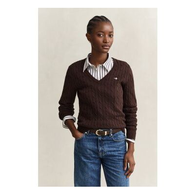 Ganttil Kvinder. 4800101 Ottestrikket Sweater Med V-Hals I Brun Elastisk Bomuld (Xs), Casual, Klassisk, Lange Ærmer Ganttil Kvinder. 4800101 Ottestrikket Sweater Med V-Hals I Brun Elastisk Bomuld (Xs), Casual, Klassisk, Lange Ærmer