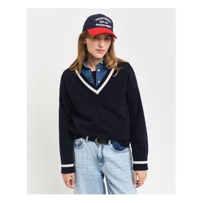 Ganttil Kvinder. 4805265 Meget Fin Fåreuldstrøje Med Kontrastfarvet Navy V-Hals-Krave (S), Casual, Bomuld, Klassisk, Blå Ganttil Kvinder. 4805265 Meget Fin Fåreuldstrøje Med Kontrastfarvet Navy V-Hals-Krave (S), Casual, Bomuld, Klassisk, Blå