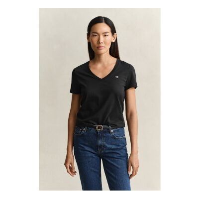 Ganttil Kvinder. 4200750 T-Shirt Ensfarvet V-Hals Sort (S), Casual, Bomuld, Korte Ærmer Ganttil Kvinder. 4200750 T-Shirt Ensfarvet V-Hals Sort (S), Casual, Bomuld, Korte Ærmer