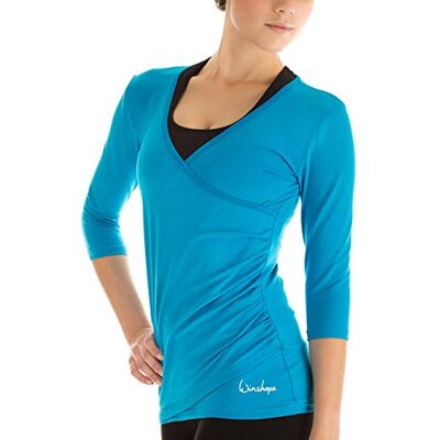 WINSHAPE Women's 3/4-Length Sleeve Top with Wrap-Around Effect, Suitable for Fitness, Yoga, Pilates and Casual Wear, turquoise, XS WINSHAPE Women's 3/4-Length Sleeve Top with Wrap-Around Effect, Suitable for Fitness, Yoga, Pilates and Casual Wear, turquoise, XS