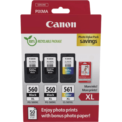 Canon 2x Pg-560xl + Cl-561xl + Papir Cmyk Original Multipack 2x 14,3 + 12,2 Ml. (3712c012) Canon 2x Pg-560xl + Cl-561xl + Papir Cmyk Original Multipack 2x 14,3 + 12,2 Ml. (3712c012)