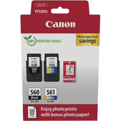 Canon Pg-560 + Cl-561 + Papir Cmyk Original Multipack 7,5 + 8,3 Ml. (3713c008) Canon Pg-560 + Cl-561 + Papir Cmyk Original Multipack 7,5 + 8,3 Ml. (3713c008)