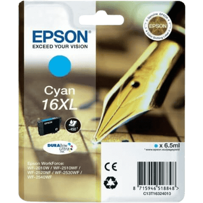Epson 16 Xl Cyan Original Blækpatron 6,5 Ml. (C13t16324012) Epson 16 Xl Cyan Original Blækpatron 6,5 Ml. (C13t16324012)