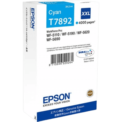 Epson T7892 Xxl Cyan Original Blækpatron 34,2 Ml. (C13t789240) Epson T7892 Xxl Cyan Original Blækpatron 34,2 Ml. (C13t789240)