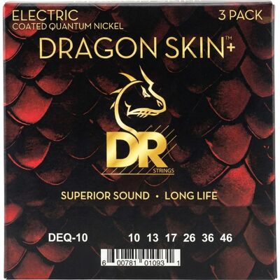 DR Strings DEQ10 3PK Dragon Skin+ el-guitar-strenge, 010-046 (3 sæt) DR Strings DEQ10 3PK Dragon Skin+ el-guitar-strenge, 010-046 (3 sæt)