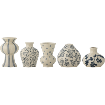Bloomingville Quinto Vase 5 Stk, Hvid Og Blå Stentøj Bloomingville Quinto Vase 5 Stk, Hvid Og Blå Stentøj