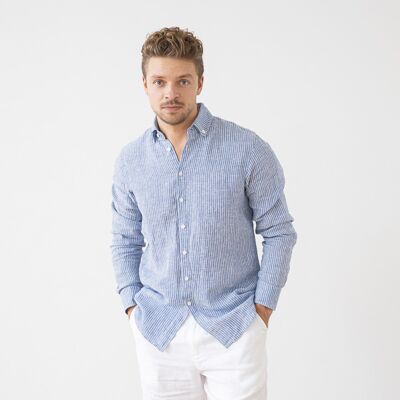 LinenMe Blå skjorte til mænd, 100% hør, medium striber, Paul MEDIUM STRIPE BLUE LinenMe Blå skjorte til mænd, 100% hør, medium striber, Paul MEDIUM STRIPE BLUE