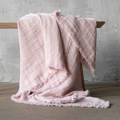 LinenMe Tæppe i hør, lyserødt, Waffle Big Fringe ROSA LinenMe Tæppe i hør, lyserødt, Waffle Big Fringe ROSA