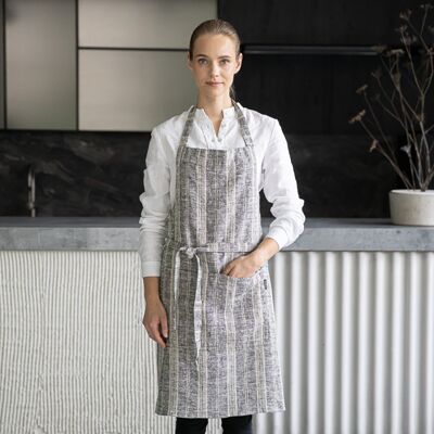 LinenMe Bib forklæde i hør, sort / naturfarvet, Multistripe BLACK NATURAL LinenMe Bib forklæde i hør, sort / naturfarvet, Multistripe BLACK NATURAL