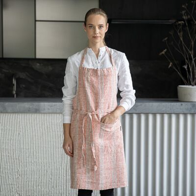 LinenMe Bib forklæde i hør, mørkerødt / naturfarvet, Multistripe BRICK NATURAL LinenMe Bib forklæde i hør, mørkerødt / naturfarvet, Multistripe BRICK NATURAL