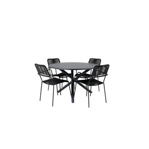 Alma havesæt bord Ø120cm og 4 stole armlænS Lindos sort.