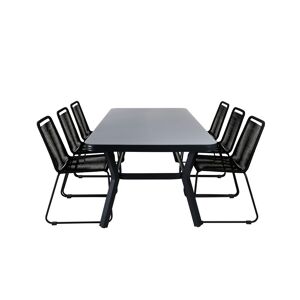 Virya havesæt bord 100x200cm og 6 stole stabel Lindos sort, grå.