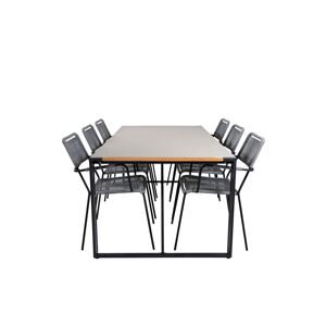 Texas havesæt bord 100x200cm og 6 stole armlænG  Lindos sort, natur, grå.