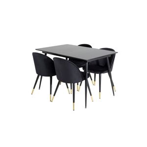 SilarBLExt spisebordssæt spisebord  udtræksbord længde cm 120 / 160 sort og 4 Velvet stole velour sort, sort, messing dekor.