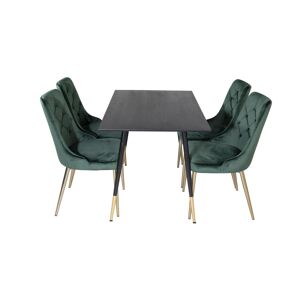 Dipp120x85BLBR spisebordssæt spisebord sort og 4 Velvet Deluxe stole velour grøn, messing dekor.