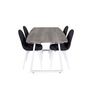 IncaNAWH spisebordssæt spisebord  udtræksbord længde cm 160 / 200 elletræ dekor grå og 4 Polar stole sort, hvid.