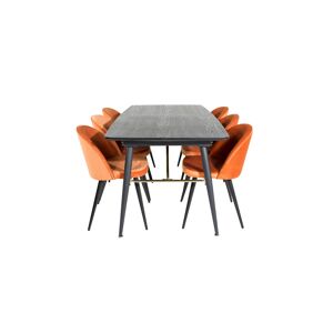 Gold spisebordssæt spisebord  udtræksbord længde cm 180 / 220 sort og 4 Velvet stole velour orange, sort.