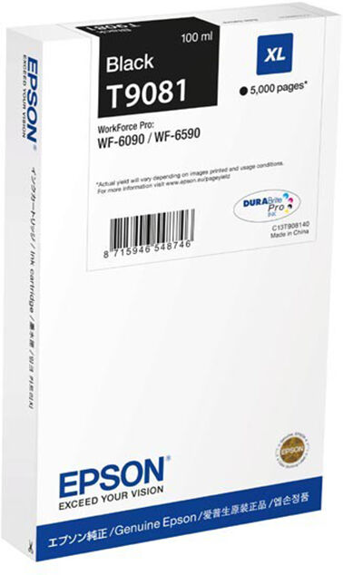 Epson T9081 XL BK blækpatron - C13T908140 Original - Sort 100 ml Epson T9081 XL BK blækpatron - C13T908140 Original - Sort 100 ml