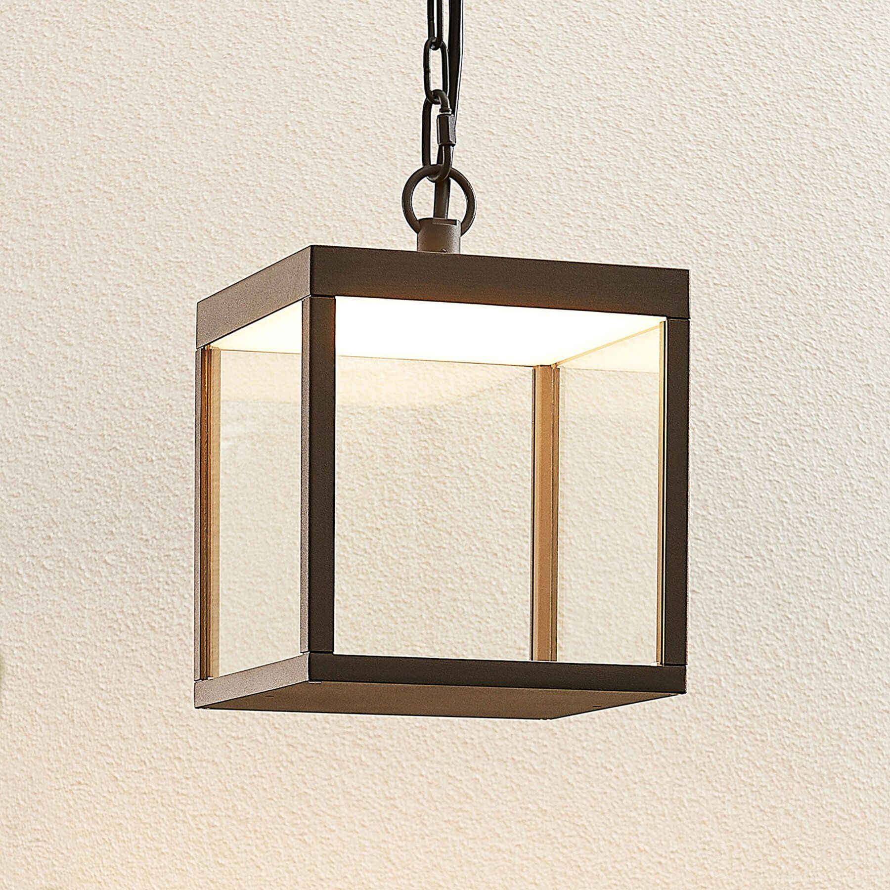 Lucande Udendørs LED-pendellampe Cube med glasskærm, 18 cm Lucande Udendørs LED-pendellampe Cube med glasskærm, 18 cm