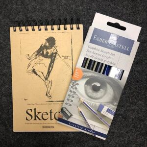 Skisset: Skissblock spiral A5 110g, 70 blad + Pennset Faber-Castell Graphite Sketch Set Goldfaber