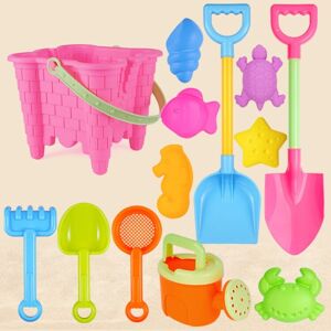 Shoppo Marte 13pcs/Set Children Beach Toys Set Large Sand Shovel Bucket Sand Digging Tools Hourglass, Color: Pink Square Castle