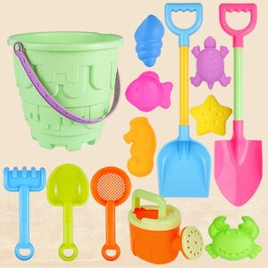 Shoppo Marte 13pcs/Set Children Beach Toys Set Large Sand Shovel Bucket Sand Digging Tools Hourglass, Color: Green Round Castle