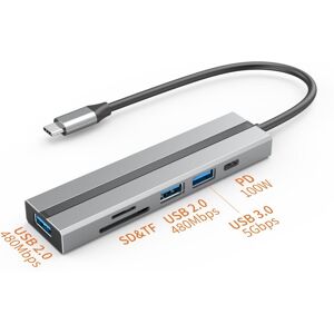 INF 6-i-1 USB C Hub med SD/TF-kortlæser, USB 3.0/2.0-porte, PD 100W