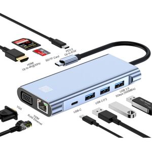 JUNSUNMAY 10 in 1 Type-C to 4K HDMI + VGA +RJ45 + 3.5mm Audio Docking Station Adapter PD Quick Charge Hub SD/TF Card Reader