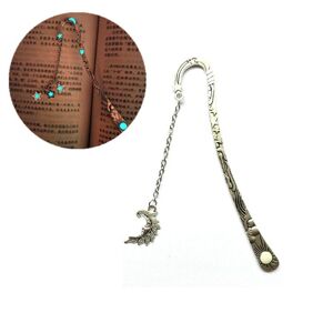 shopnbutik Luminous Sun Moon Star Bookmark Retro Pentagram Glowing Metal Bookmark(Ancient Silver Moon)