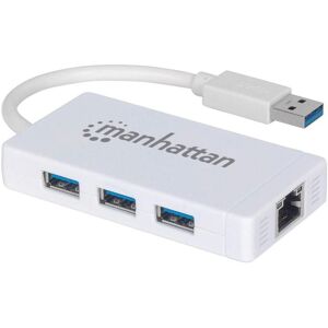 Manhattan Usb-A 3-ports hub med Gigabit Ethernet-adapter, 3X Usb-A-porte, 5 Gbps (Usb 3.2 Gen1 Aka Usb 3.0), 1X Ethernet 10/100/1000 Mbps netværk, sva