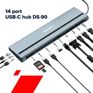 Canyon DS-90, 14 in 1 hub, with Type C female *2,Type C male *1:max 10Gbps,USBA*3:max 10Gbps,DP*1，VGA*1,SD card slot*1,TF card slot*1,Audio 3.5 audio*