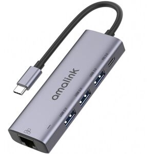 amalink 95121D Type-C / USB-C to RJ45 + 3 Ports USB + PD 3.0 Multi-function HUB(Grey)