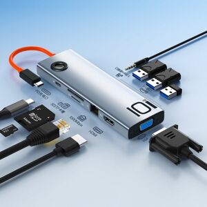 ROCK TR30 Type-C To HDMI VGA Audio USB 3.0 SDTF LAN Multi Splitter Adapter 10 in 1 PD Docking Station HUB(Silver Black)
