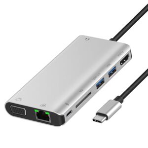 Onten 9591BD 8 in 1 USB-C / Type-C to PD USB-C / Type-C Charging + Gigabit Ethernet + Dual USB 3.0 + HDMI + VGA + SD Card Slot + 3.5mm AUX HUB(Silver)