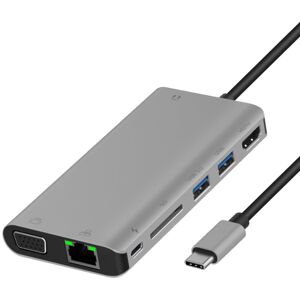 Onten 9591BD 8 in 1 USB-C / Type-C to PD USB-C / Type-C Charging + Gigabit Ethernet + Dual USB 3.0 + HDMI + VGA + SD Card Slot + 3.5mm AUX HUB(Grey)