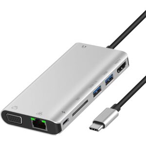 Onten 9591BD 8 in 1 USB-C / Type-C to PD USB-C / Type-C Charging + 100M Ethernet Port + Dual USB 3.0 + HDMI + VGA + SD Card Slot + 3.5mm AUX HUB (Silv